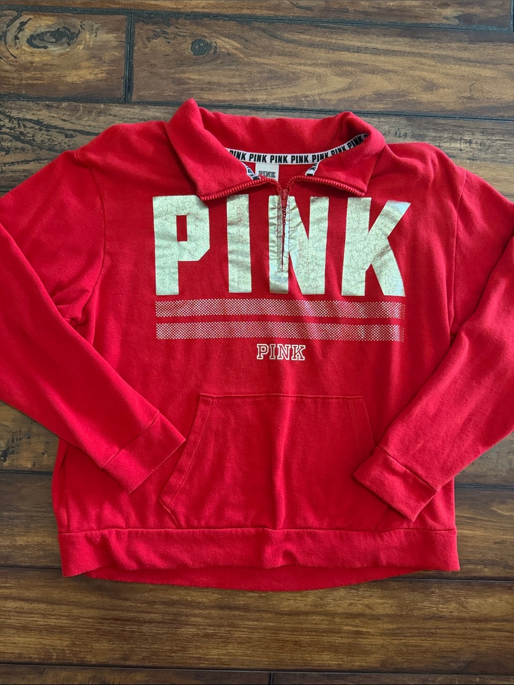 PINK Victoria's Secret Red Quarter-Zip Pullover with Gold Metallic Logo
